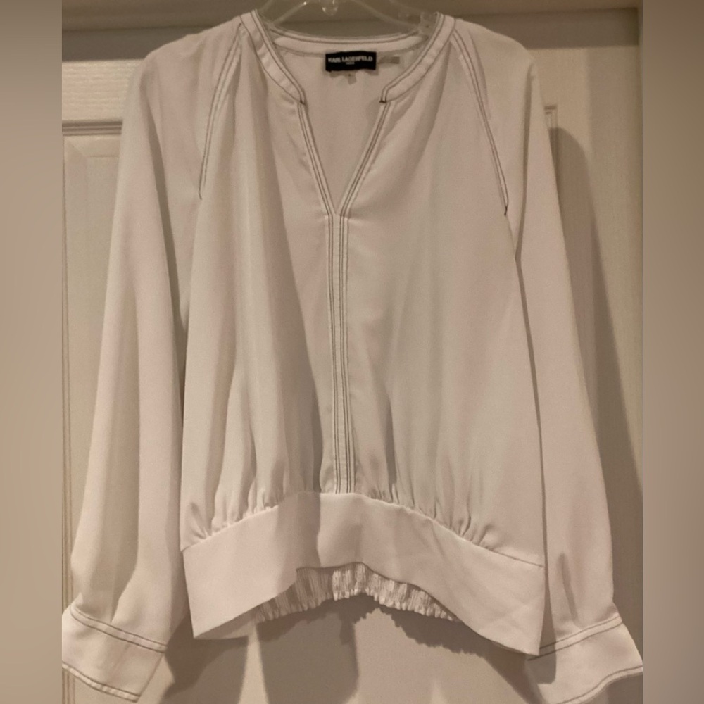 Karl Lagerfeld Paris White Blouse with Black stitching throughout- Size Large
